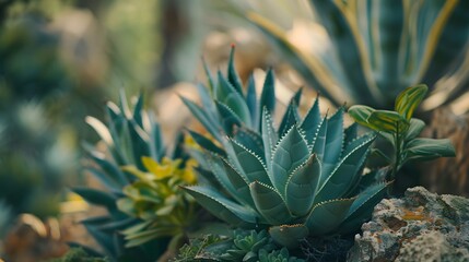Fototapeta premium Close-up of various succulent plants in a botanical garden.