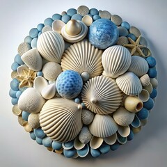 3D Render of a Seashell and Clam Shell Mosaic Artwork, on isolated white background, Generative AI