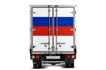 A truck with the national flag of   Russia depicted on the tailgate drives against a white background. Concept of export-import, transportation, national delivery of goods
