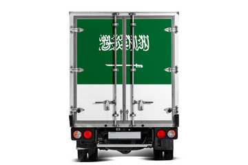 A truck with the national flag of  Saudi Arabia depicted on the tailgate drives against a white background. Concept of export-import, transportation, national delivery of goods