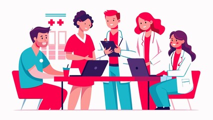 Uniting for a healthier future! Doctors, nurses, and patients gather in a modern clinic to discuss treatment options and solutions.