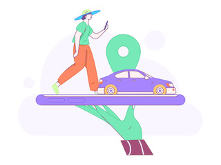 Flat vector concept operation hand drawn illustration of people taking a taxi
