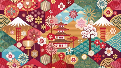 A Beautiful Seamless Pattern With Traditional Japanese Elements Such As Mt. Fuji, Cherry Blossoms, Pagodas And More.