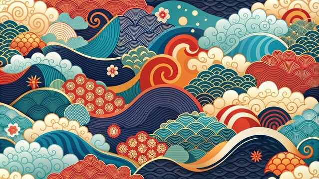 Vibrant And Colorful Chinese New Year Background With Clouds And Waves Pattern