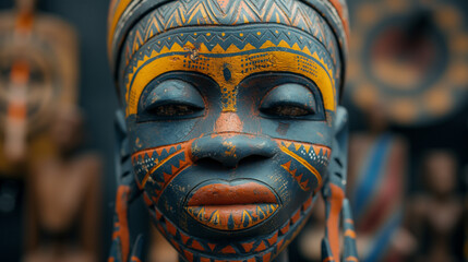  traditional African mask with intricate carvings and vibrant colors.