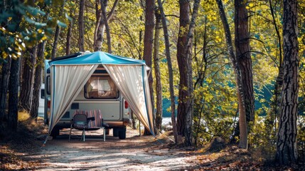 A yellow trailer is parked in a forest