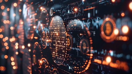 Naklejka premium Futuristic 3D of Cryptocurrencies and Blockchain Technology Powering Global Digital Finance