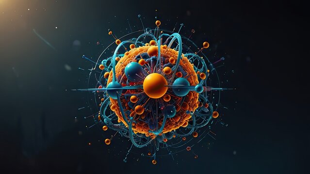 highly stylized and colorful representation of a subatomic particle. It appears to be an artistic interpretation of an atom or a virus-like structure