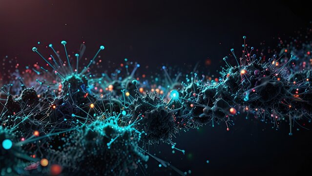 highly stylized and colorful representation of a subatomic particle. It appears to be an artistic interpretation of an atom or a virus-like structure