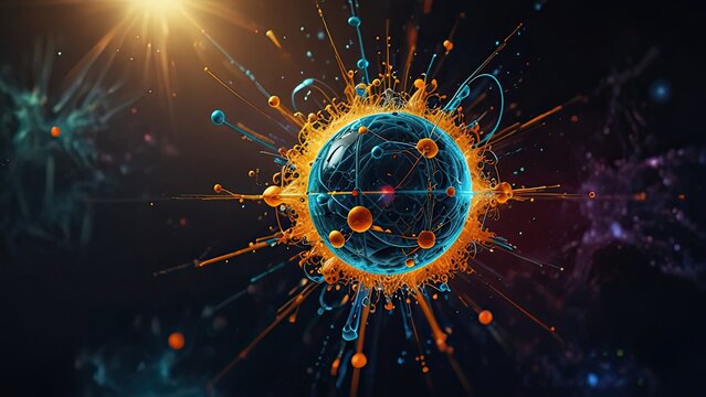 highly stylized and colorful representation of a subatomic particle. It appears to be an artistic interpretation of an atom or a virus-like structure