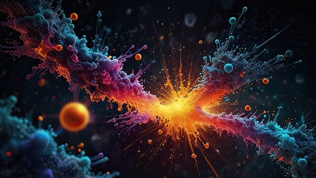 highly stylized and colorful representation of a subatomic particle. It appears to be an artistic interpretation of an atom or a virus-like structure