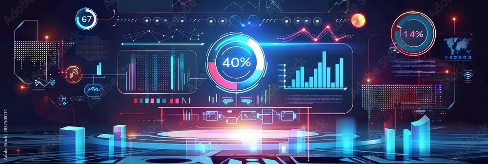 Poster futuristic data analytics dashboard with graphs, charts, and digital interface elements in a high-te