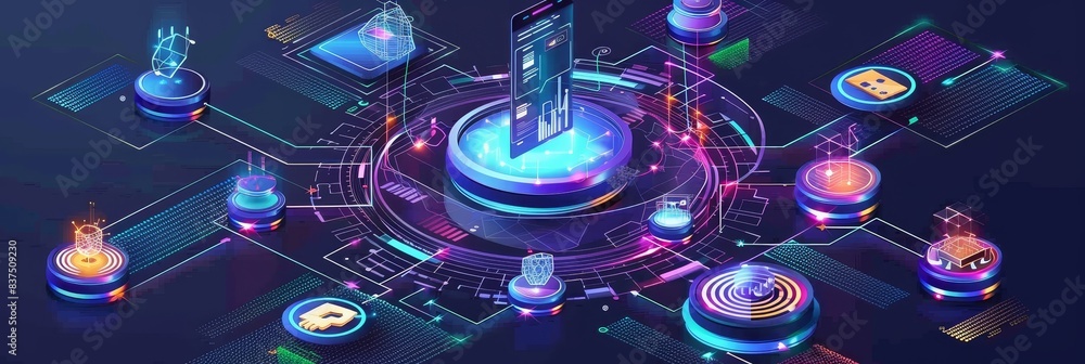 Aufkleber futuristic digital network concept with smartphone and holographic interfaces in a virtual reality e