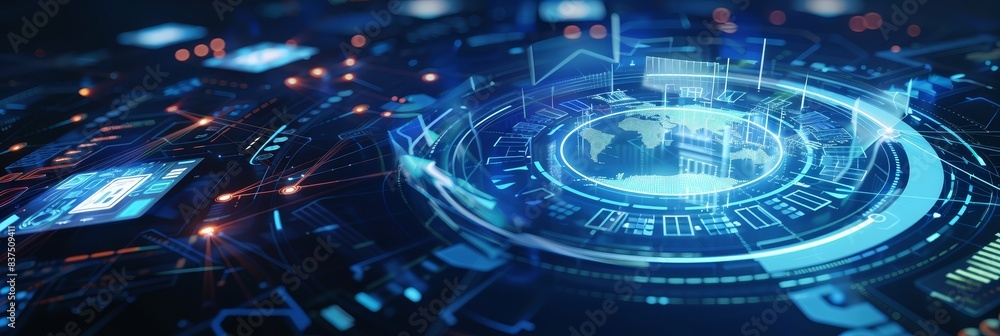 Poster futuristic digital interface with global network connections and data visualization elements in a hi