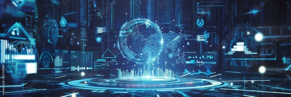 Poster futuristic digital interface with global network connections and data visualization in a high-tech v