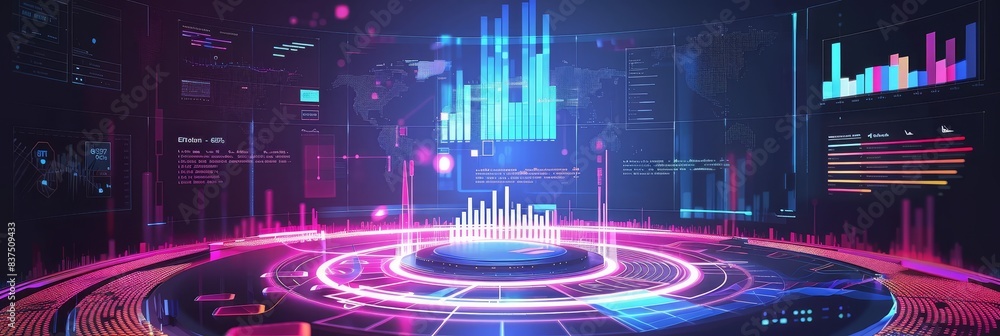 Poster futuristic digital interface with data visualizations and graphs in a high-tech environment, featuri