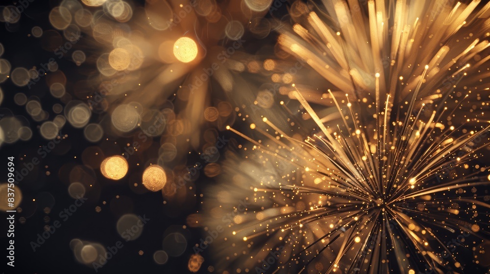 Poster golden fireworks exploding in dark sky - the image captures dazzling golden fireworks, with a bokeh 