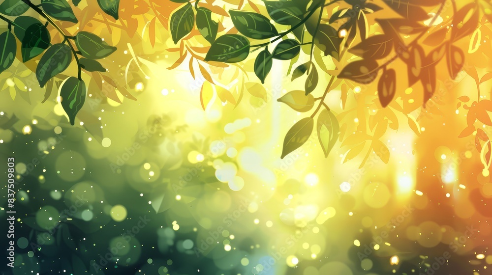Poster sunlit leaves with bokeh effect - warm light filters through foliage with a sparkling bokeh effect, 