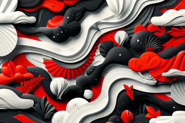A colorful abstract painting with a lot of red and black elements. The painting has a lot of different shapes and colors, and it looks like it's from a different world