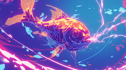 Fototapeta premium a fish shoots electricity, cool pose, cute kawaii
