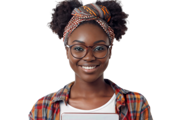 Smiling African-American woman wearing eyeglasses and head wraps, isolated on transparent background