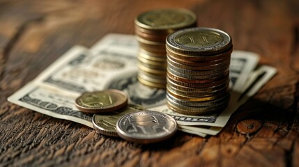 Financial Planning Essentials - Coins and Dollar Bills on Wooden Table