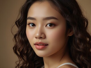Naklejka premium Beautiful Asian Woman with Flowing Hair. Generative AI