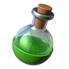 A mystical potion brews in a glass bottle, swirling with green liquid Potion magic enchants the witch's elixir, crafting a fantasy spell The 3d render Green liquid isolated on white background