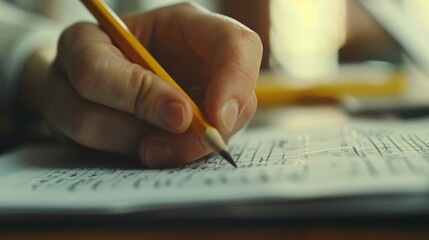 Precision in Progress: Hand Holding Pencil Calculating on Notepad Close-Up