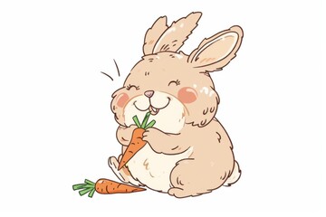 Obraz premium Cartoon cute doodles of a fluffy rabbit munching on a carrot, with cheeks bulging in delight, Generative AI