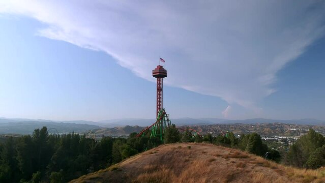 Aerial view around the Sky tower at the Six Flags Magic Mountain park in CA, USA