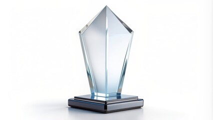 Elegant transparent crystal glass trophy with arrow-shaped top, isolated on white background, premium 3d mockup design, empty prize plate, luxurious award template.