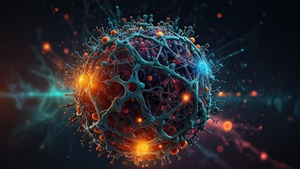 Obraz premium highly stylized and colorful representation of a subatomic particle. It appears to be an artistic interpretation of an atom or a virus-like structure