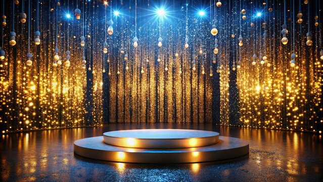 Luxurious dark gold confetti and bokeh decorate an empty blue-lit stage with a podium, minimalistic lights, and shiny sequin garlands, evoking a creative dancefloor ambiance.