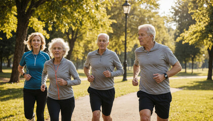 A group of elderly people jog together in a park. benefits of an active lifestyle and exercise for overall wellbeing in retirement. Health, fitness, jogging or aging related themes.