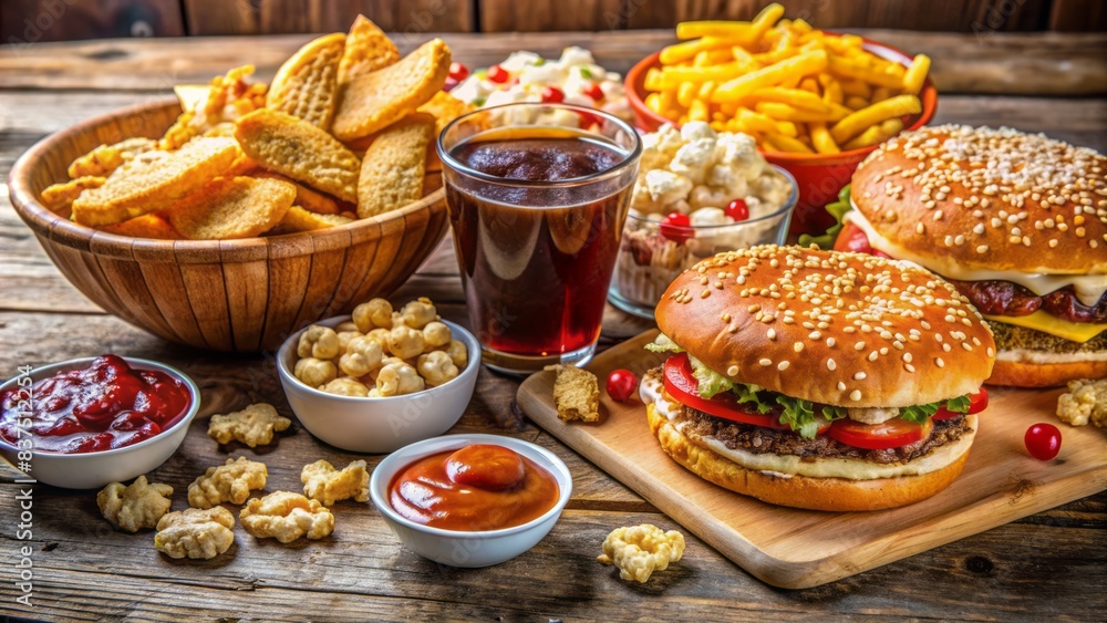 Wall mural colorful arrangement of unhealthy american snacks on a table: juicy hamburger, crispy fries, gooey p - Wall murals