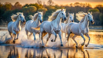 Magnificent white arabian horses gallop freely in unison along serene lake shore against stunning art-inspired background, showcasing elegant beauty, wild freedom, and majestic equine power.