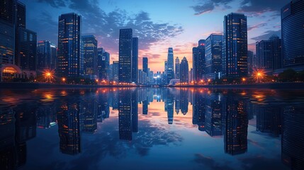 Fototapeta premium The modern city skyline forms a striking urban cityscape, with its architecture providing a dynamic background to the bustling streets