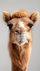 Fototapeta premium Simple and clean close-up of a camel’s face in a minimalistic style, featuring a bright and cheerful design, isolated on a white background.