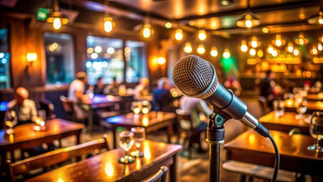 Dimly lit restaurant pub atmosphere with blurred beverage bottles, spotlight shining on a microphone, audio equipment, and stage setup for a live music performance.