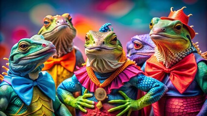 Fototapeta premium Vibrant colorful lizards, dressed in whacky outfits, posing together on a bright background, perfect for birthday party invitations or playful advertising concepts.