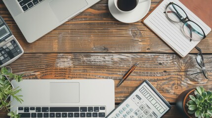 Financial Planning for Retirement Concept - Desk with Laptop, Calculator, Pen, Notebook, and Glasses.