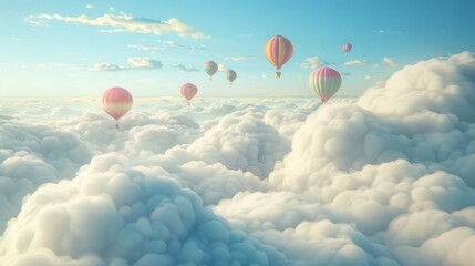 Obraz premium Hot air balloons above fluffy clouds - A serene digital composition of colorful hot air balloons floating above a sea of fluffy clouds
