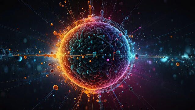 highly stylized and colorful representation of a subatomic particle. It appears to be an artistic interpretation of an atom or a virus-like structure