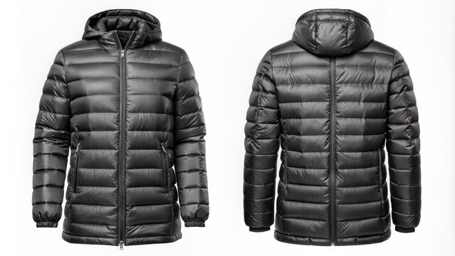 Isolated set of black down puffer padded quilted hoodie hooded parka jacket viewed from front and back on transparent background for design placement.