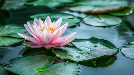 Pink lotus flower blooming on water - A vibrant pink lotus flower with a yellow center stands out among green lily pads on calm, reflective water