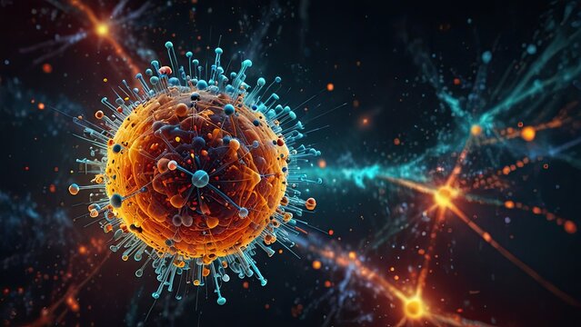 highly stylized and colorful representation of a subatomic particle. It appears to be an artistic interpretation of an atom or a virus-like structure