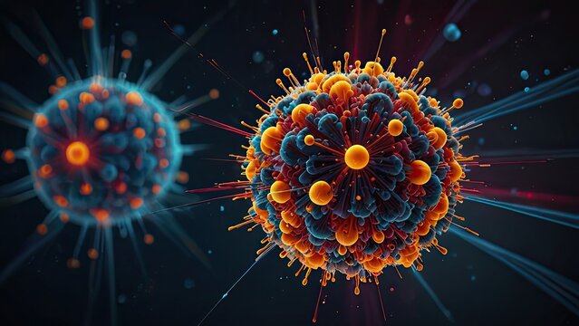 highly stylized and colorful representation of a subatomic particle. It appears to be an artistic interpretation of an atom or a virus-like structure
