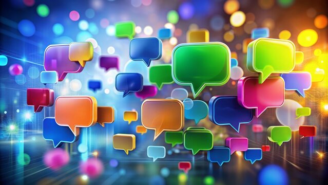 Vibrant colorful speech bubbles of various shapes and sizes scattered against a modern blurred background representing dynamic electronic communication and messaging.