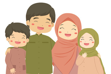 Happy Muslim family laughing together. Muslim parents and children character cartoon vector.
